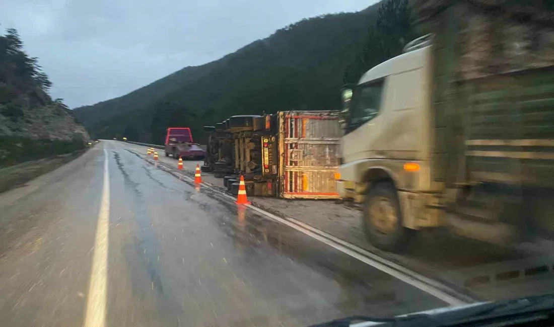 Bolu’nun Göynük ilçesinde odun yüklü tır kayganlaşan yolda devrildi. Kaza,