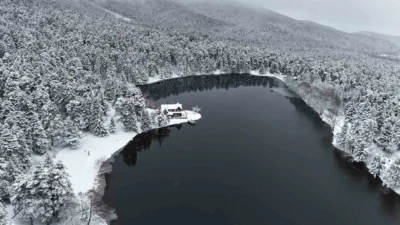 Bolu’nun doğa harikası Gölcük Tabiat Parkı, kar yağışının ardından beyaz