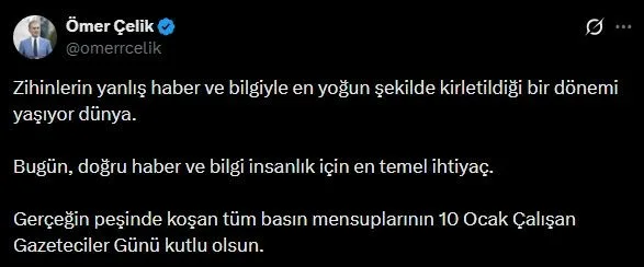 AK Parti Sözcüsü Ömer Çelik, 10 Ocak Çalışan Gazeteciler Günü’nü