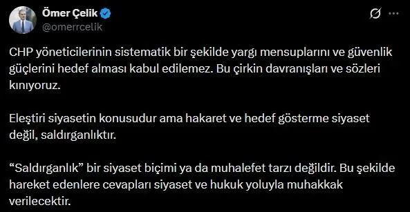 AK Parti Sözcüsü Ömer Çelik, “CHP yöneticilerinin sistematik bir şekilde