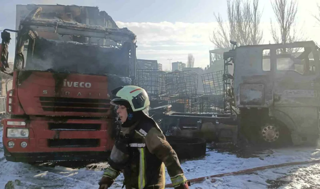Ankara’nın Yenimahalle ilçesinde yediemin otoparkında alkol yüklü tırlarda çıkan yangın