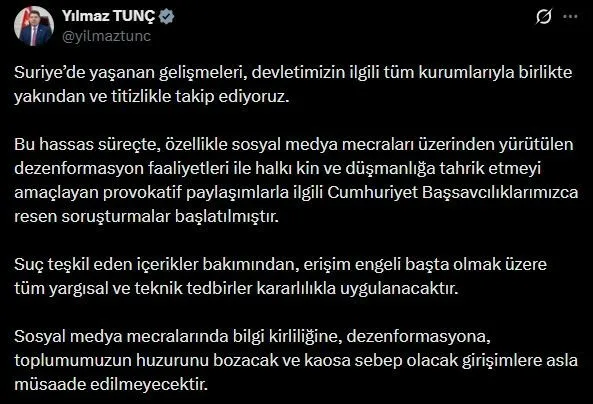 Adalet Bakanı Yılmaz Tunç, Suriye’de yaşanan gelişmelere ilişkin yapılan paylaşımlar