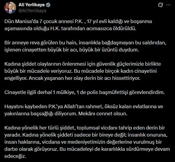 İçişleri Bakanı Ali Yerlikaya, Manisa’da 7 çocuk annesi kadının eşi