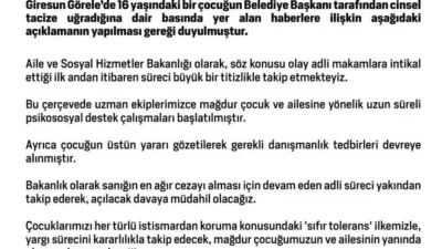 Aile ve Sosyal Hizmetler Bakanlığı, Giresun’un Görele ilçesinde cinsel istismara