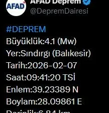 Afet ve Acil Durum Yönetimi Başkanlığı (AFAD), Balıkesir’de 4.1 büyüklüğünde