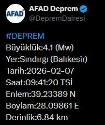 Afet ve Acil Durum Yönetimi Başkanlığı (AFAD), Balıkesir’de 4.1 büyüklüğünde