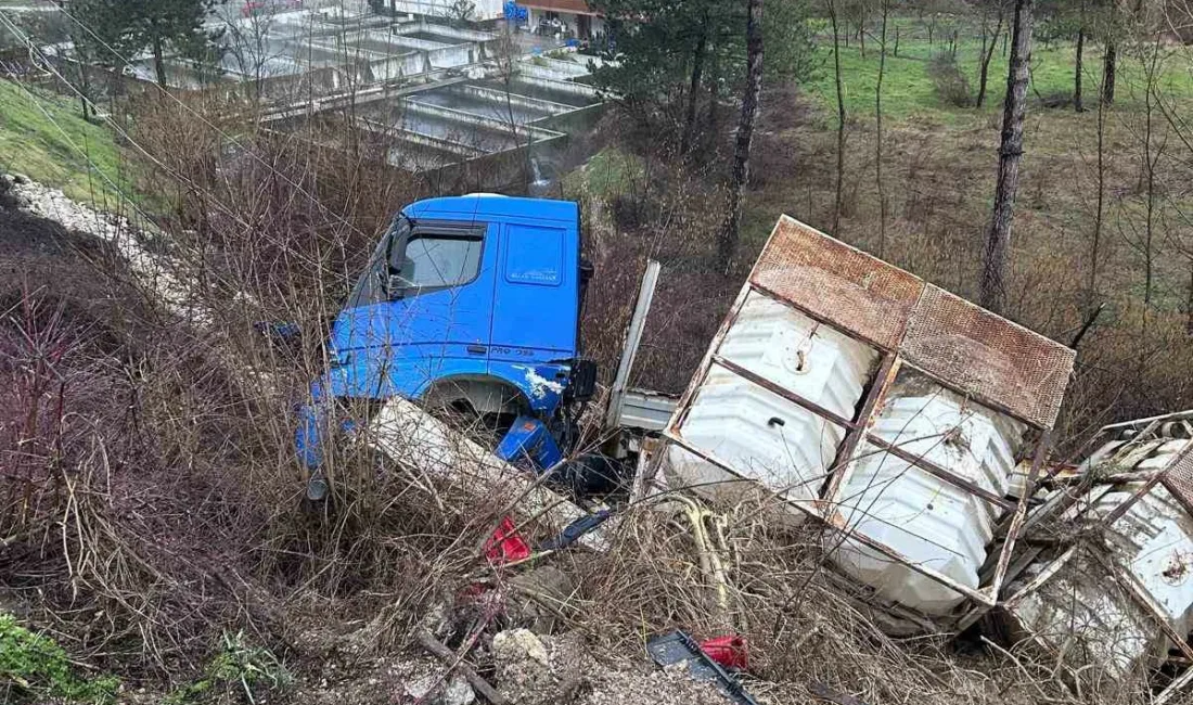 Bolu’nun Mudurnu ilçesinde şarampole devrilen tırın elektrik direğine zarar vermesi