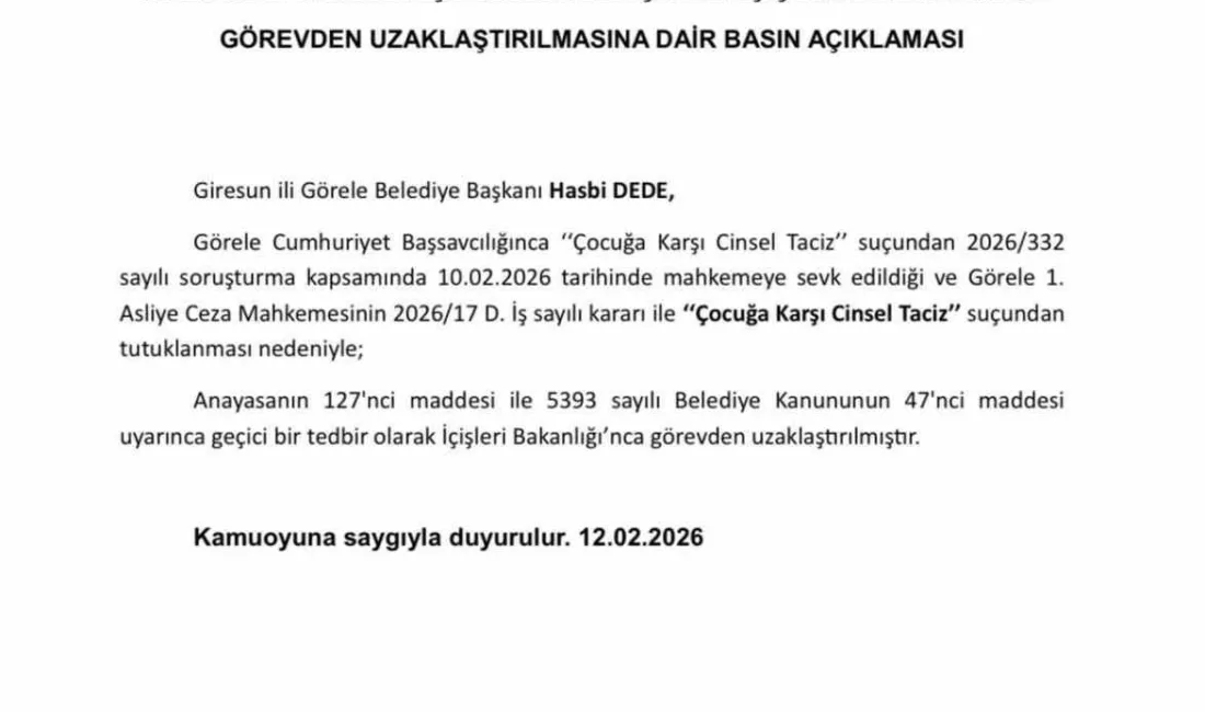 Giresun’un Görele İlçe Belediye Başkanı Hasbi Dede, İçişleri Bakanlığınca görevden