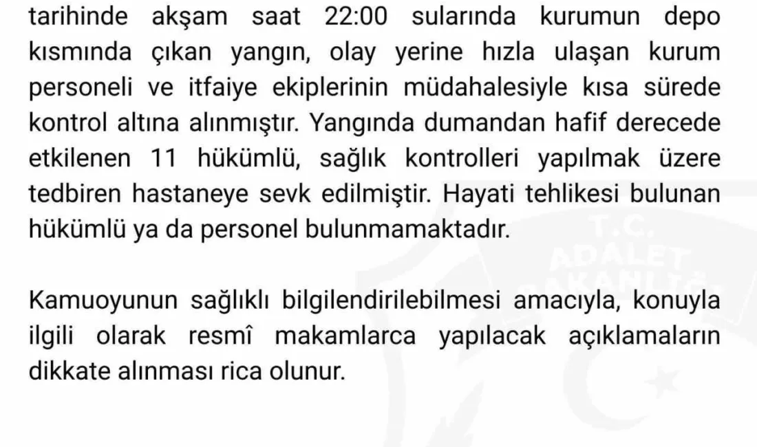 Hendek Kadın Açık Ceza İnfaz Kurumu’nda yangın çıktı. Yangında dumandan