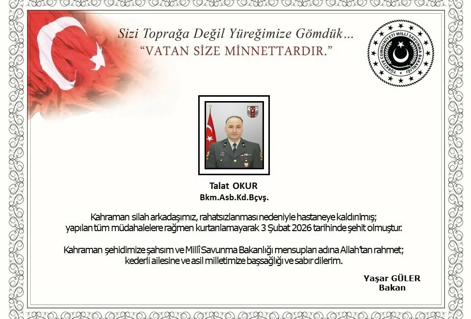 Milli Savunma Bakanlığı (MSB) rahatsızlanarak hastaneye kaldırılan Bakım Astsubay Kıdemli