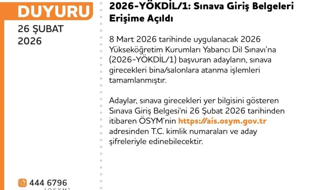 Yükseköğretim Kurumları Yabancı Dil Sınavı (YÖKDİL) giriş belgeleri erişime açıldı.