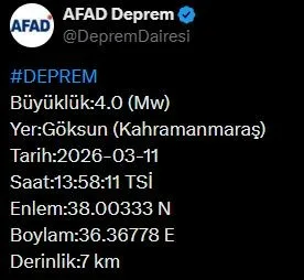 Afet ve Acil Durum Yönetimi Başkanlığı (AFAD), Kahramanmaraş’ta 4.0 büyüklüğünde