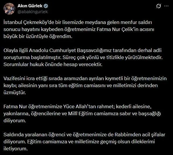 Adalet Bakanı Akın Gürlek, Öğretmen Fatma Nur Çelik’in öldürülmesine ilişkin,