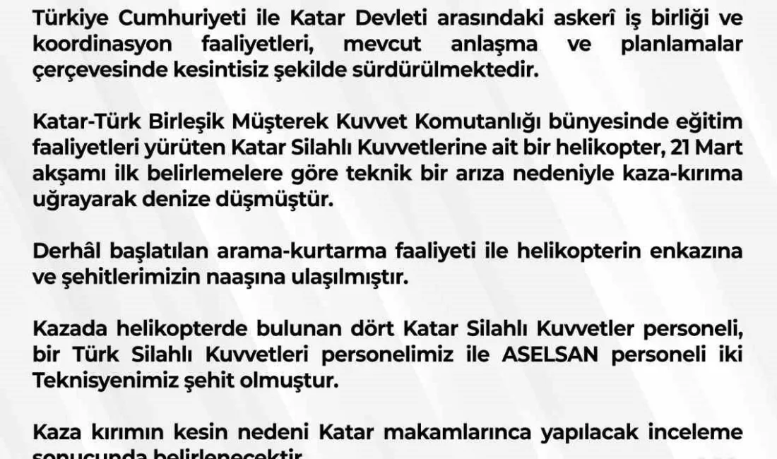 Milli Savunma Bakanlığı (MSB), Katar’da eğitim faaliyeti sırasında teknik arıza