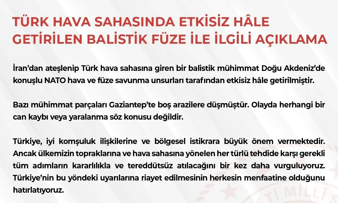 Milli Savunma Bakanlığınca (MSB) yapılan açıklamada, Türkiye’nin iyi komşuluk ilişkilerine