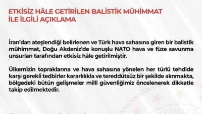 Milli Savunma Bakanlığı (MSB), İran’dan ateşlendiği belirlenen ve Türk hava
