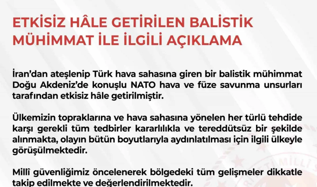 Milli Savunma Bakanlığı (MSB), İran’dan ateşlenen ve Türk hava sahasına