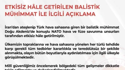 Milli Savunma Bakanlığı (MSB), İran’dan ateşlenen ve Türk hava sahasına