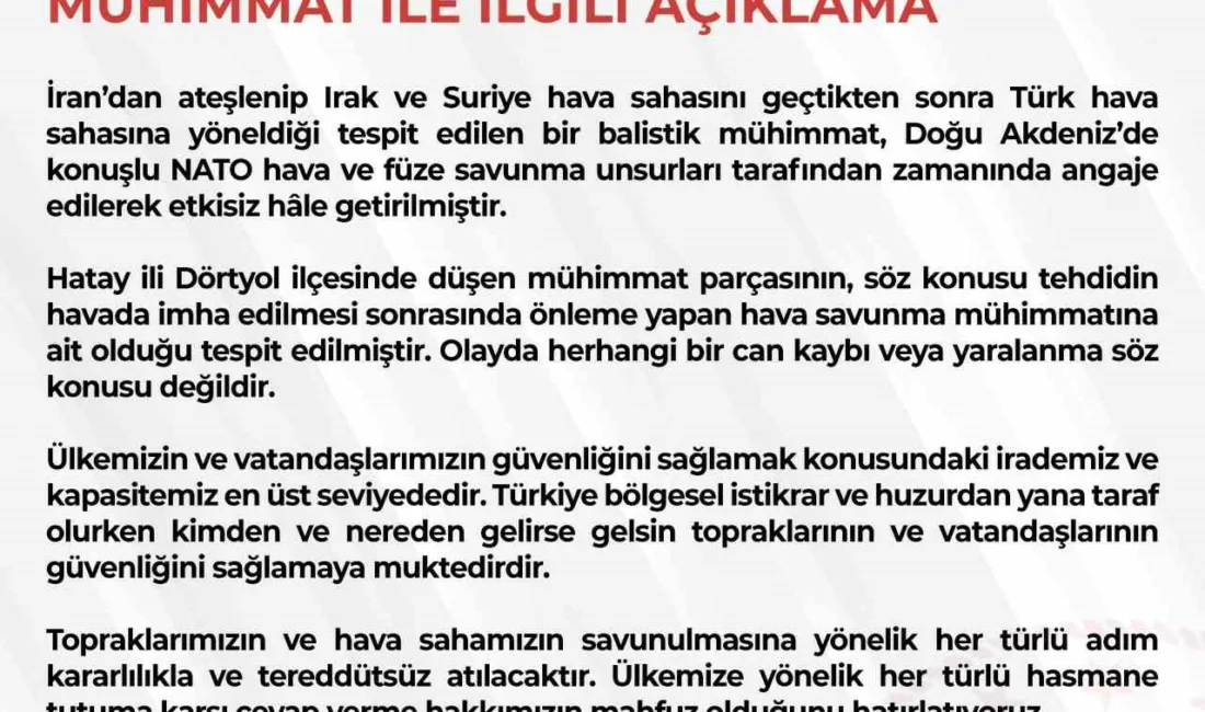 Milli Savunma Bakanlığı, İran’dan ateşlenerek Irak ve Suriye hava sahasını