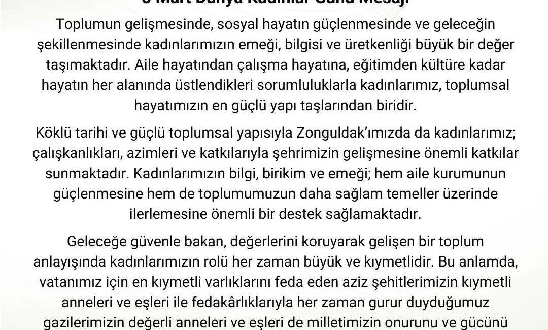 Zonguldak Valisi Osman Hacıbektaşoğlu, 8 Mart Dünya Kadınlar Günü dolayısıyla