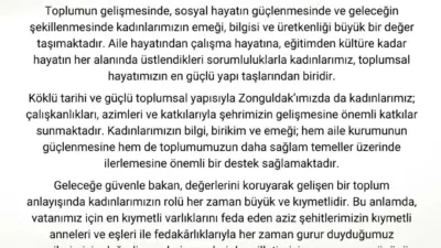 Zonguldak Valisi Osman Hacıbektaşoğlu, 8 Mart Dünya Kadınlar Günü dolayısıyla