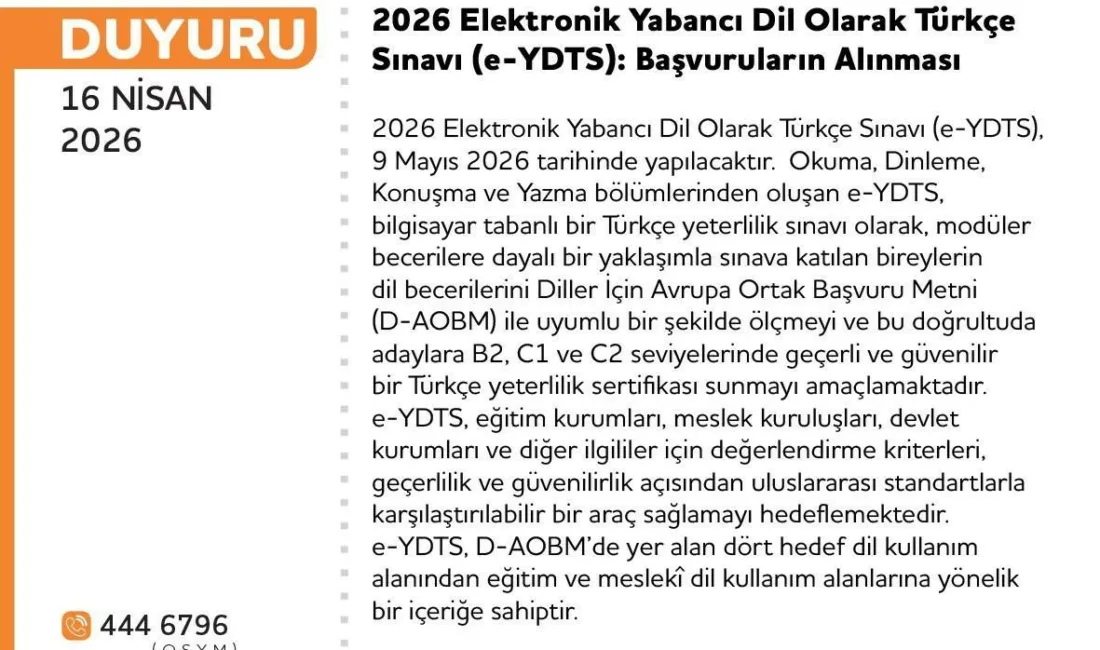 Ölçme, Seçme ve Yerleştirme Merkezi Başkanlığı (ÖSYM), e-YDTS sınavını Türkiye’de