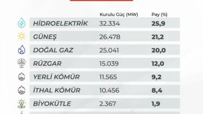 Türkiye’nin elektrik kurulu gücü, mart ayı sonu itibarıyla 125 bin