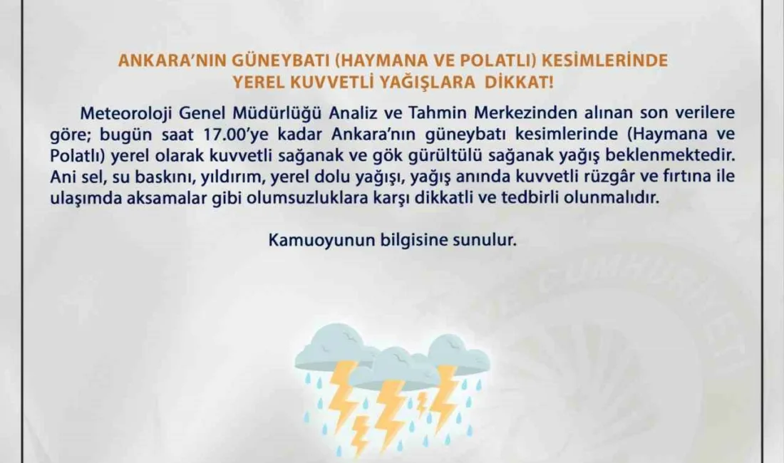Ankara Valiliği, Meteoroloji Genel Müdürlüğü verilerine göre kentin güneybatı kesimlerinde