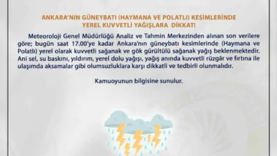 Ankara Valiliği, Meteoroloji Genel Müdürlüğü verilerine göre kentin güneybatı kesimlerinde