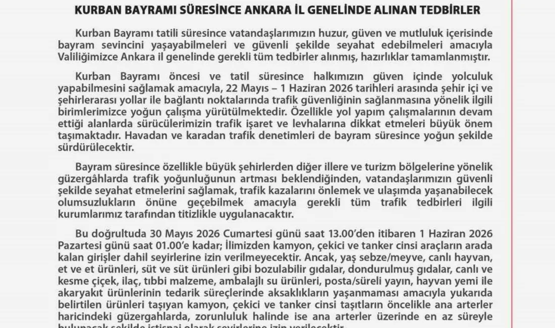 Ankara Valiliği, Kurban Bayramı süresince vatandaşların huzur ve güvenliği için