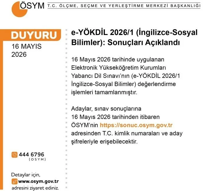Ölçme, Seçme ve Yerleştirme Başkanlığı (ÖSYM), e-YÖKDİL 2026/1 “İngilizce-Sosyal Bilimler”