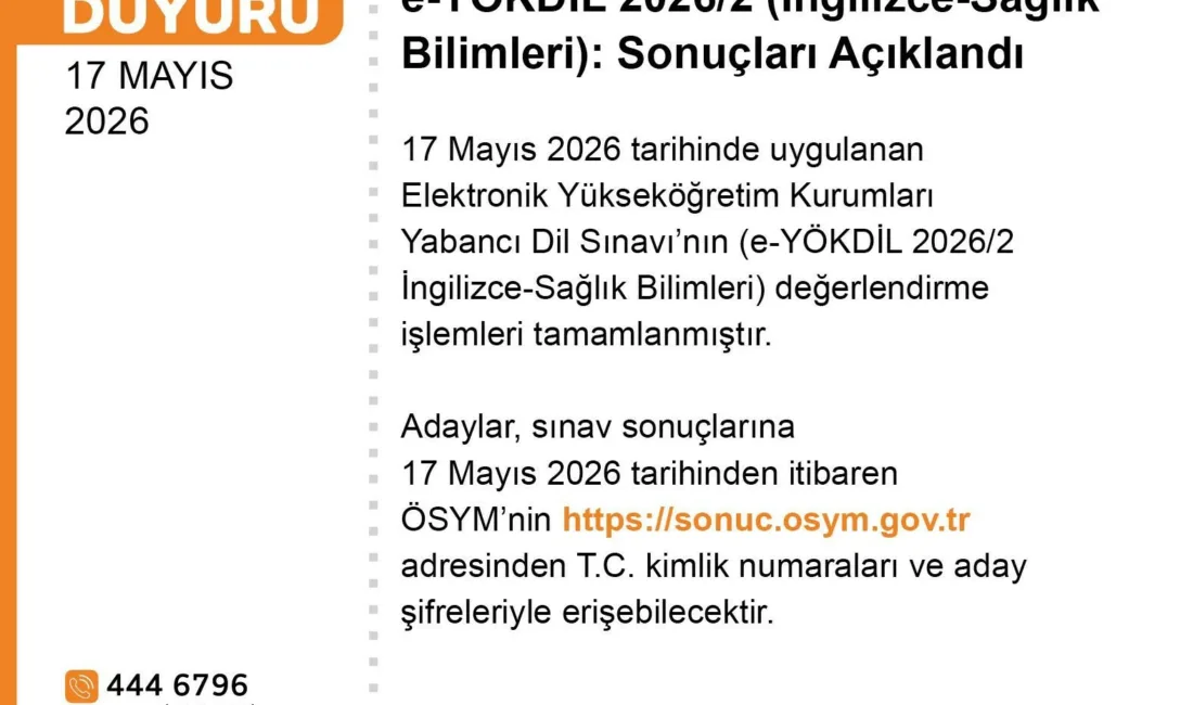 Ölçme, Seçme ve Değerlendirme Başkanlığı (ÖSYM), e-YÖKDİL 2026/2 “İngilizce-Sağlık Bilimleri”