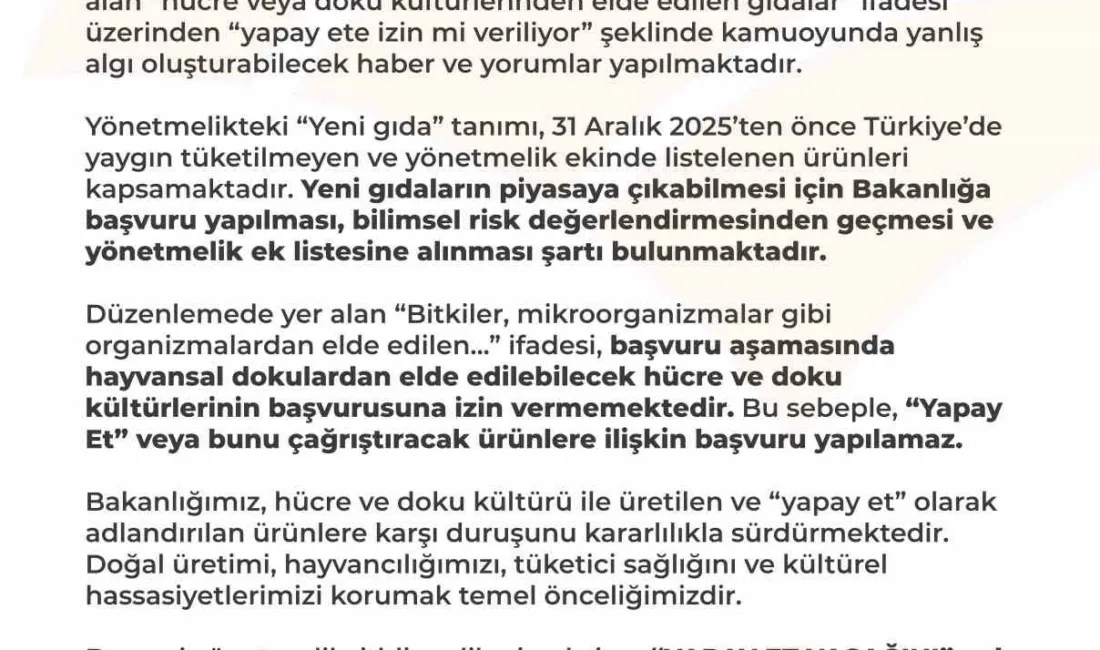 Tarım ve Orman Bakanlığı, bazı yayın organlarındaki ‘yapay ete izin