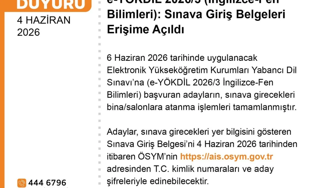 Elektronik Yükseköğretim Kurumları Yabancı Dil Sınavı’na (e-YÖKDİL 2026/3 İngilizce-Fen Bilimleri)