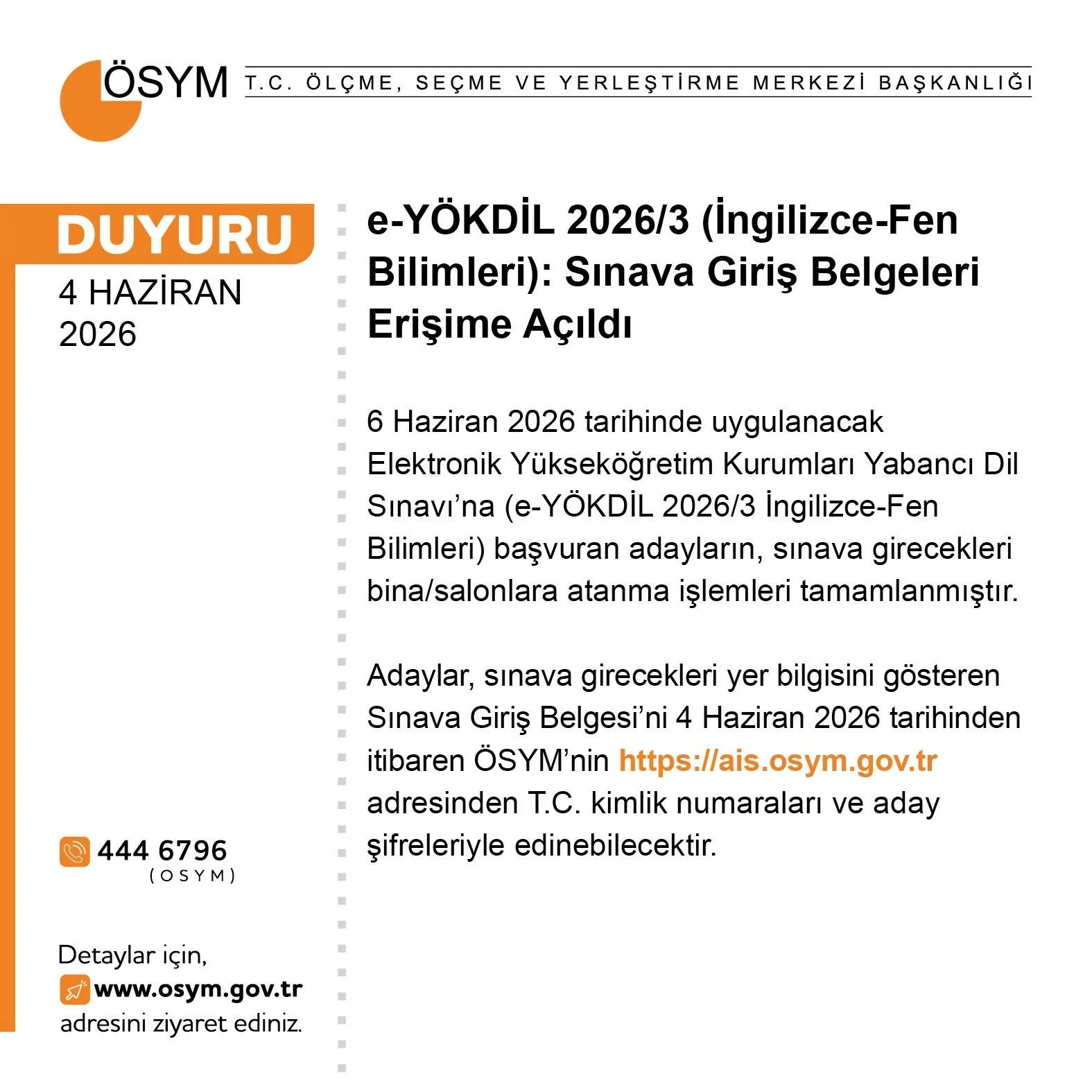 Elektronik Yükseköğretim Kurumları Yabancı Dil Sınavı’na (e-YÖKDİL 2026/3 İngilizce-Fen Bilimleri)