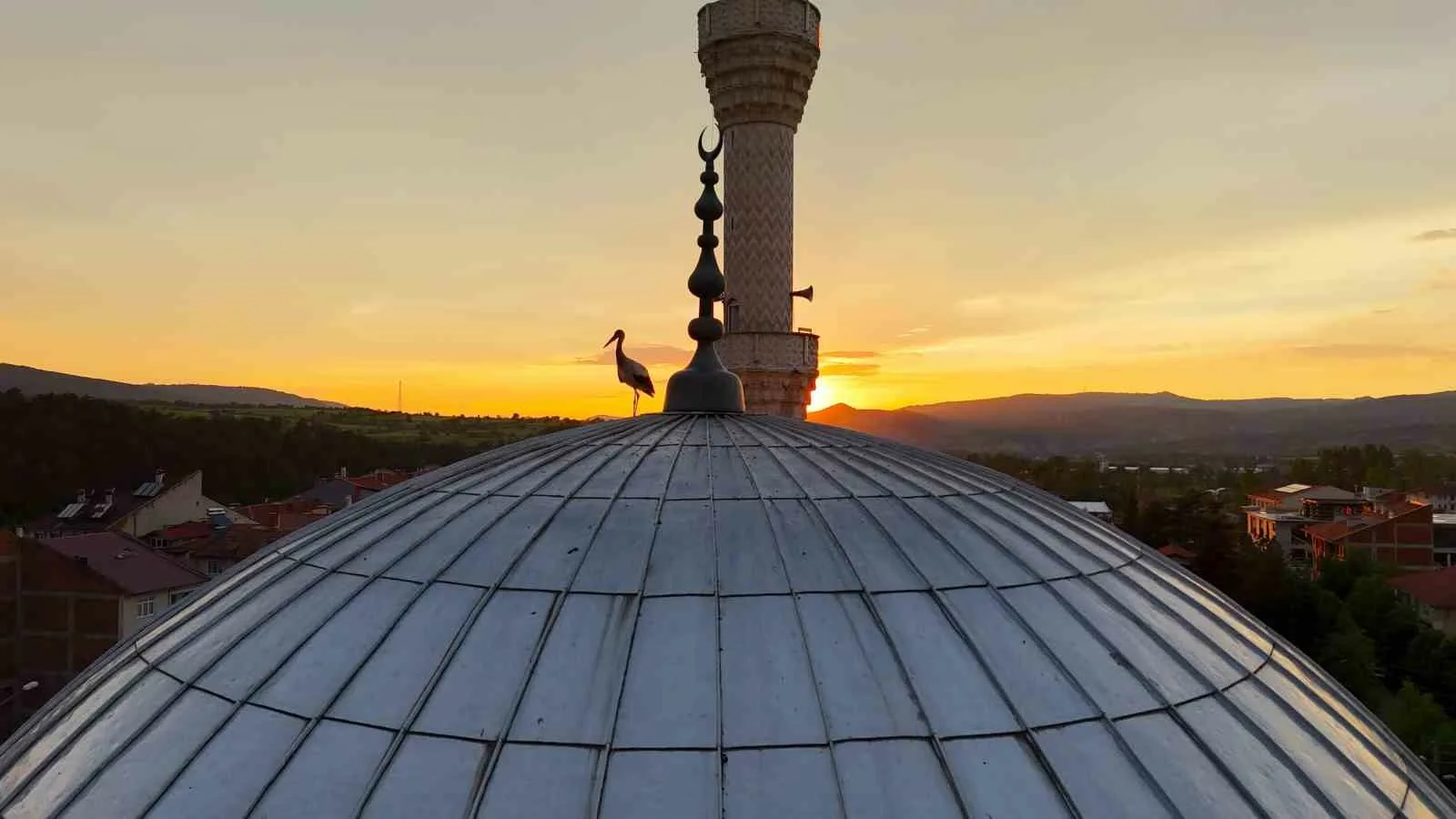 Kastamonu’nun İhsangazi ilçesinde gün batımı sırasında cami kubbesine konan leylekler