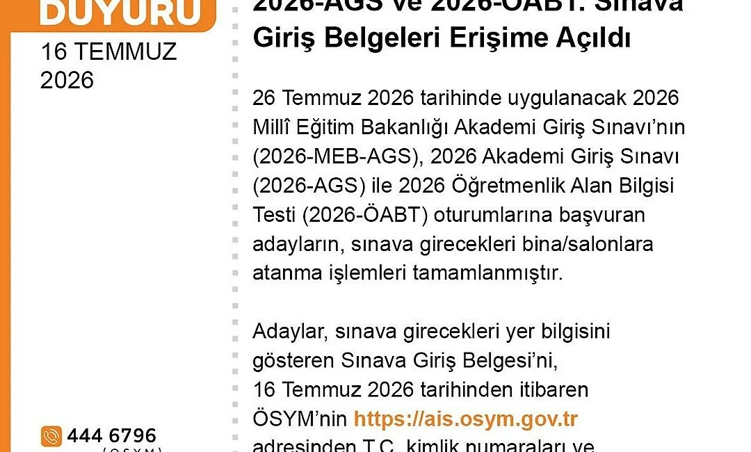 Ölçme, Seçme ve Yerleştirme Merkezi (ÖSYM), 26 Temmuz’da uygulanacak olan