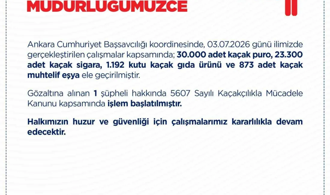 Ankara’da düzenlenen kaçakçılık operasyonunda 30 bin adet kaçak puro, 23