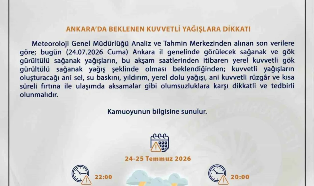 Ankara Valiliği, Meteoroloji Genel Müdürlüğü’nden alınan son verilere göre bugün