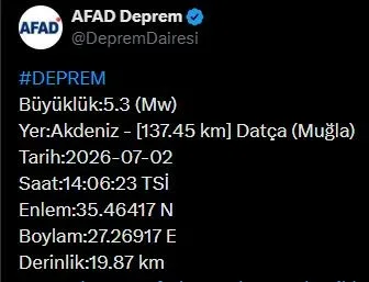 Afet ve Acil Durum Yönetimi Başkanlığı (AFAD), Muğla’da 5.3 büyüklüğünde