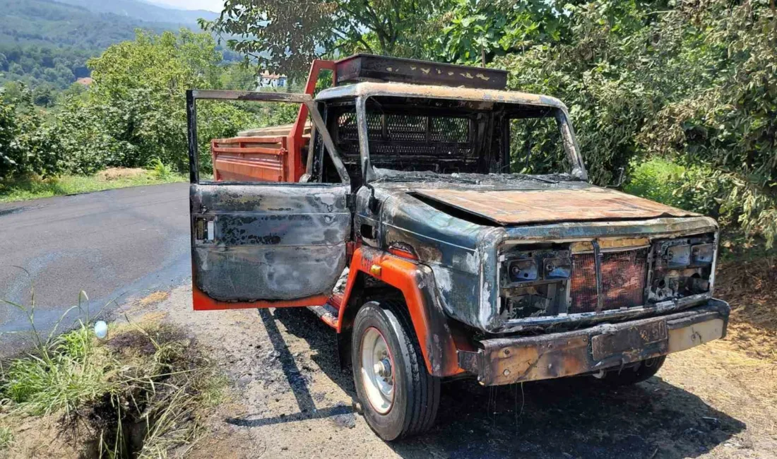 Zonguldak’ın Alaplı ilçesinde seyir halindeyken alev alan kereste yüklü kamyonet,