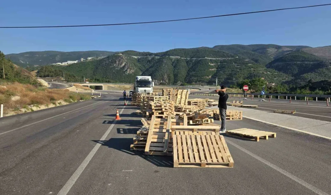 Kastamonu’nun Hanönü ilçesinde bir tırın üzerinden yola saçılan ahşap paletler,