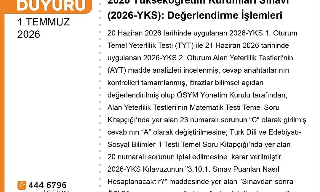 Yükseköğretim Kurumları Sınavı (YKS) değerlendirmesi yapıldı. AYT’de 1 soru iptal